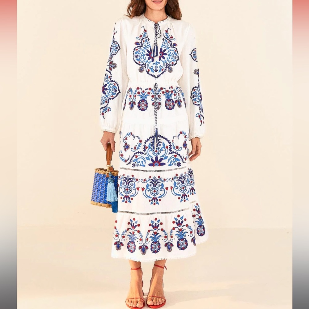 Farm Rio off white embroidered midi dress